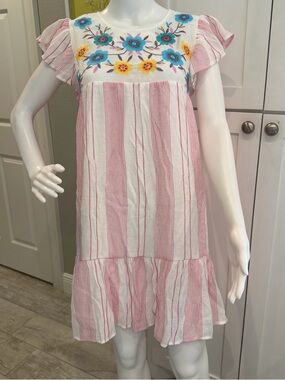 NWT Blu Pepper Sz M Embroidered Pink & White Striped Dress
